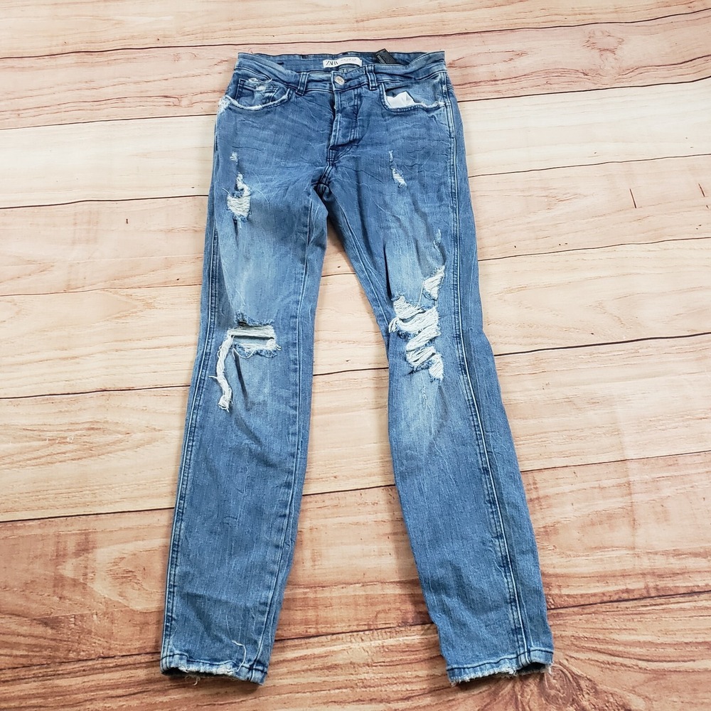 Zara Jeans Womens 30 Blue Skinny Ankle High Rise Distressed Denim Ladies 30x29